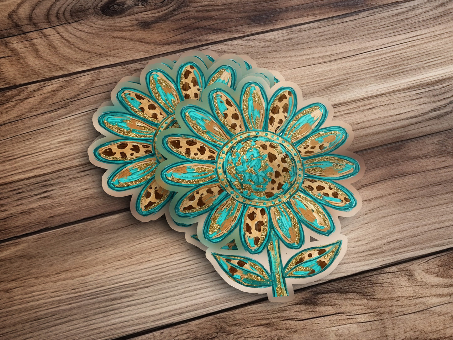 Floral stickers with turquoise petals and leopard print centers.