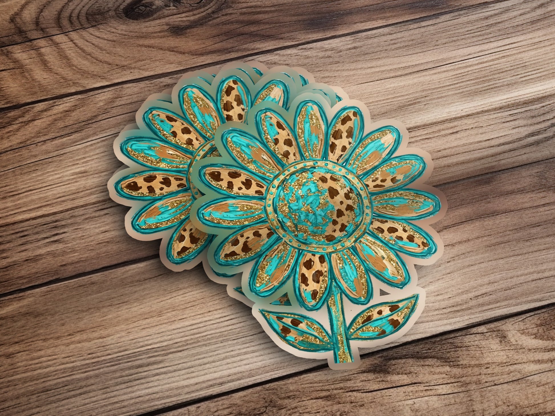 Floral stickers with turquoise petals and leopard print centers.