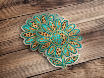Floral stickers with turquoise petals and leopard print centers.