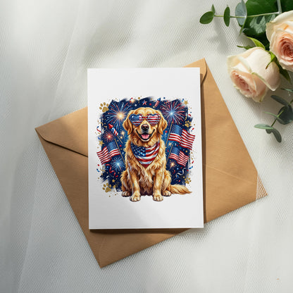 Golden Retriever wearing sunglasses and bandana, seated in front of fireworks and flags.