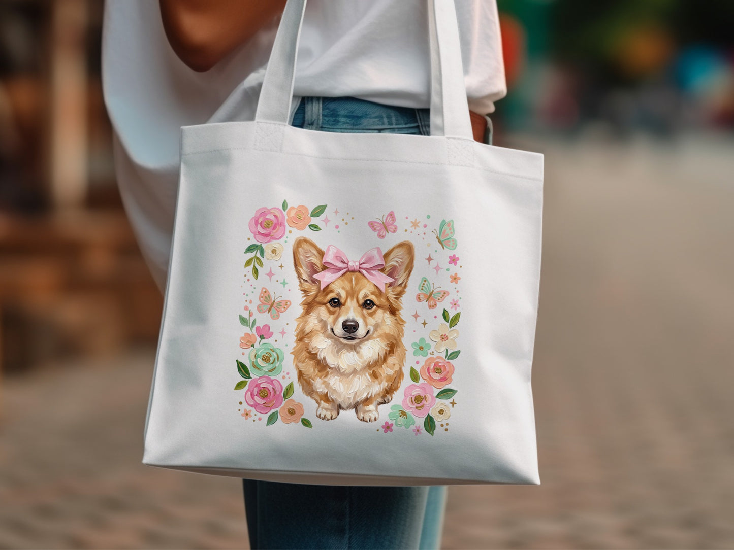 White tote bag with corgi, bow, and floral wreath graphic.
