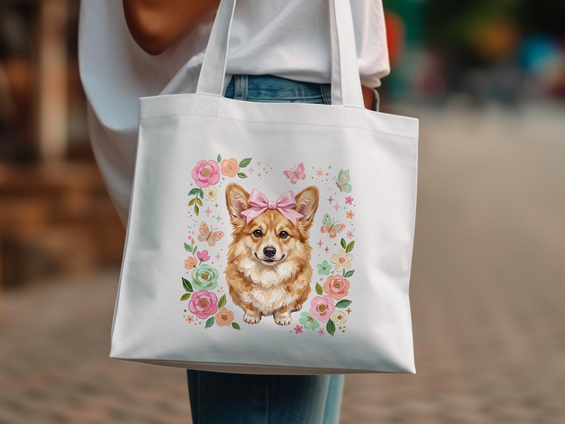 White tote bag with corgi, bow, and floral wreath graphic.