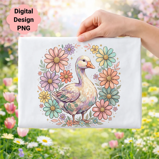 Cute goose surrounded by pastel flowers, digital design PNG.