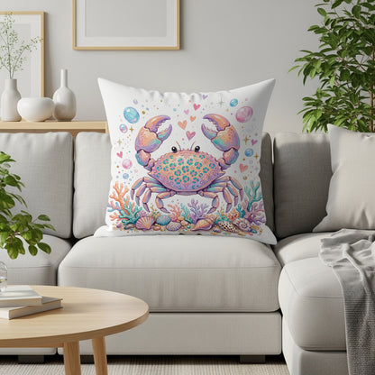 Whimsical crab design on decorative pillow with shells and bubbles.