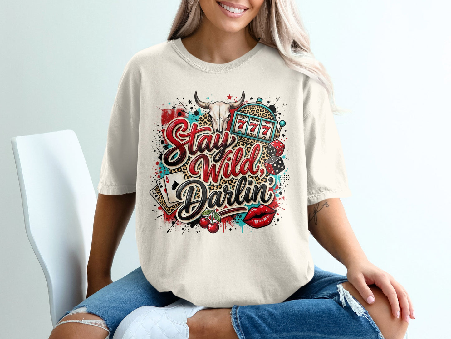 T-shirt with "Stay Wild Darlin'" text and casino graphics.