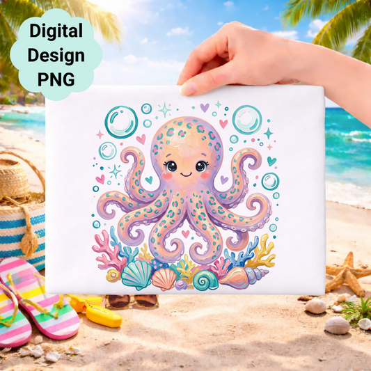 Cute cartoon octopus with coral, shells, and bubbles on a beach background.
