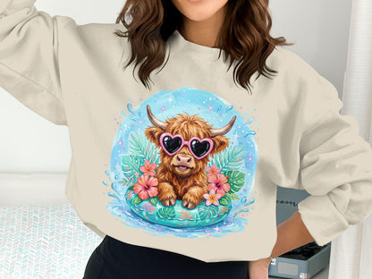 Highland cow wearing heart sunglasses on a float with flowers.