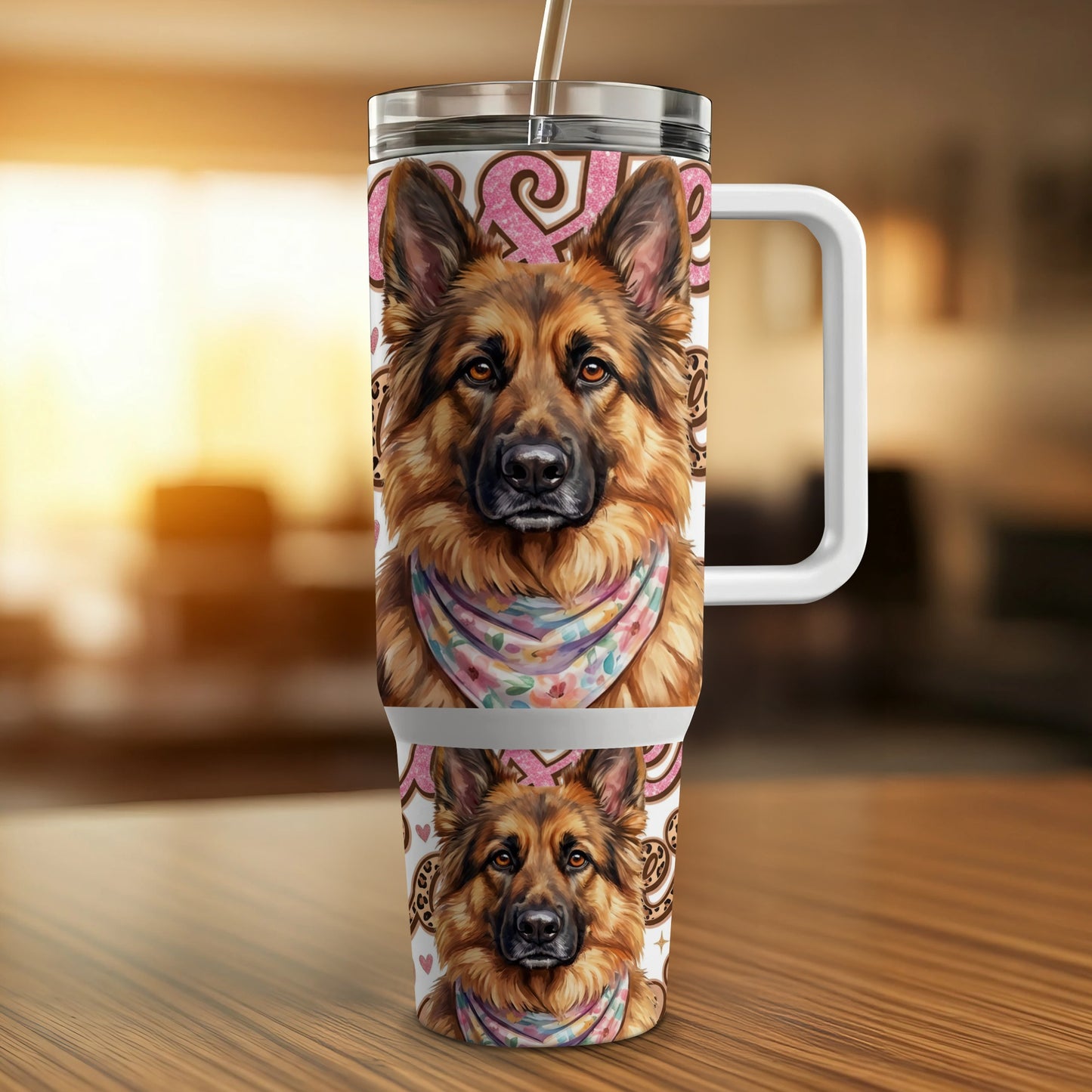 German Shepherd tumbler with floral bandana and leopard print accents.