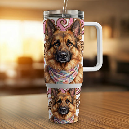 German Shepherd tumbler with floral bandana and leopard print accents.