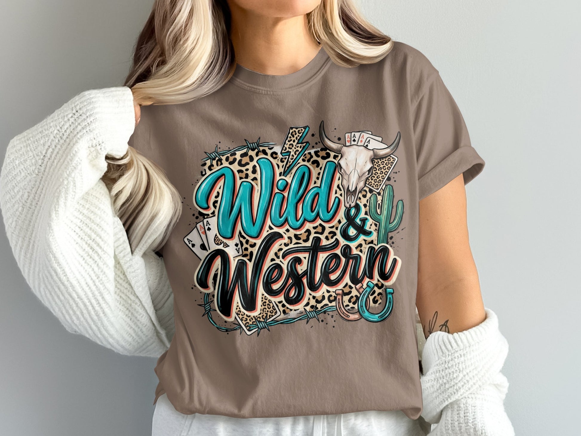 Brown t-shirt with "Wild & Western" text, a bull skull, and playing cards.