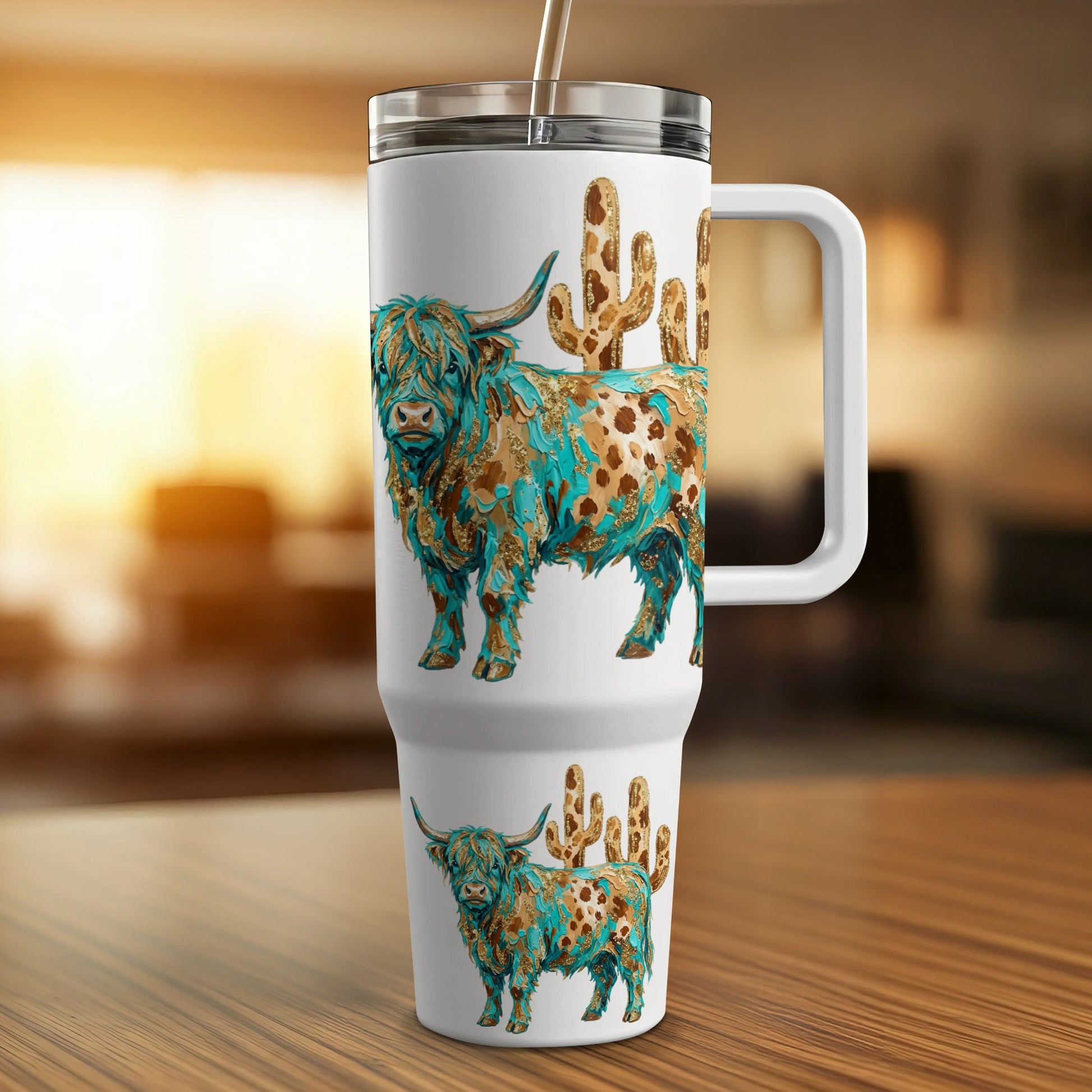 White travel mug with highland cow and cactus design.