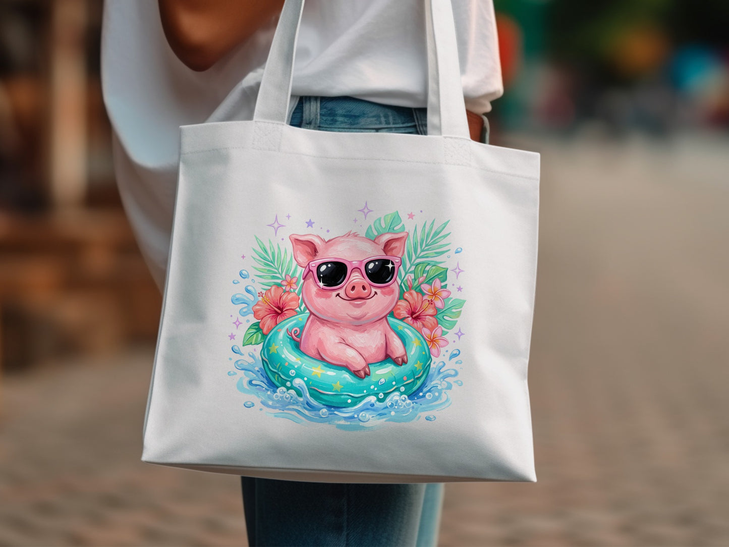Pink pig in sunglasses floats in a turquoise inner tube surrounded by flowers and water.