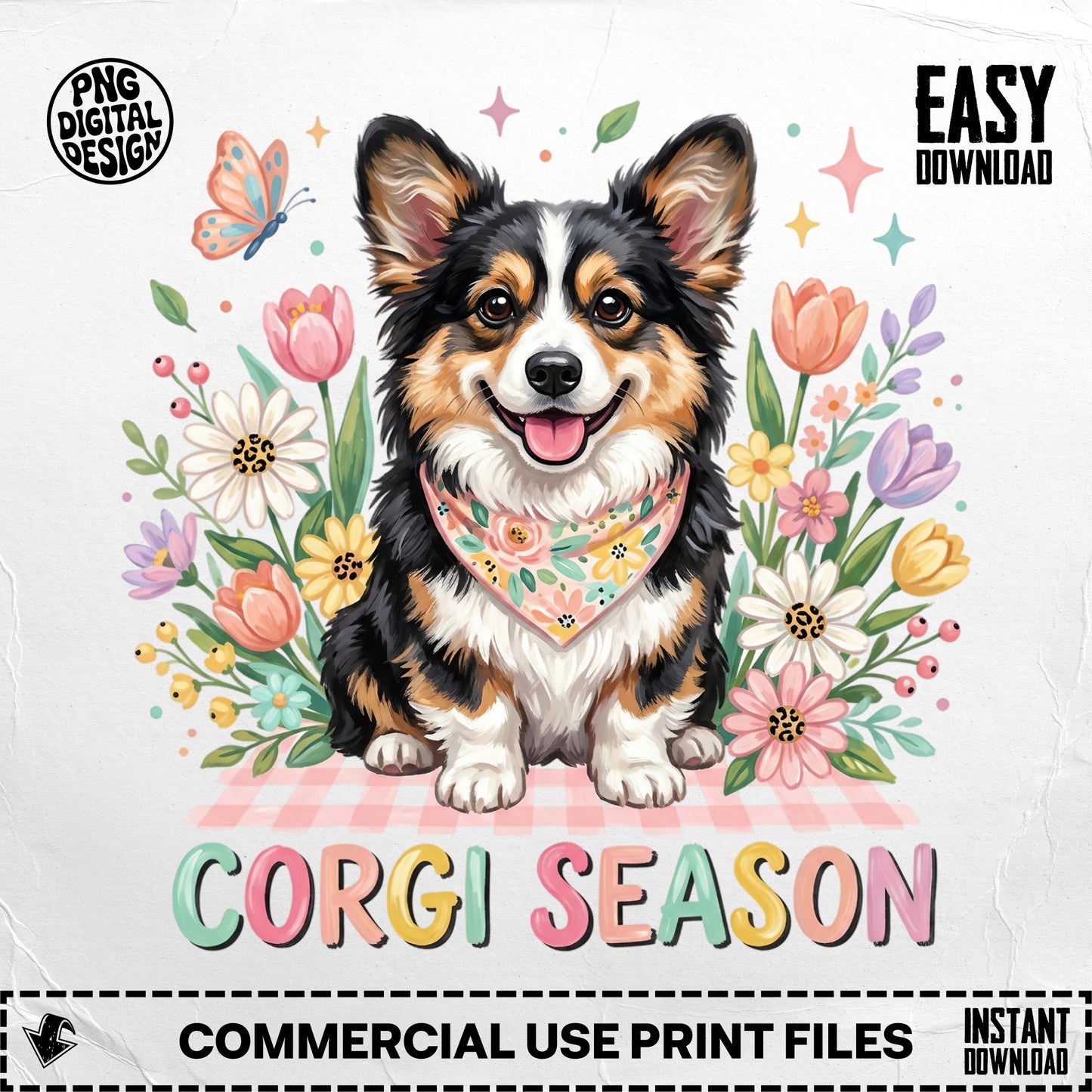 Corgi wearing a bandana, surrounded by flowers and butterflies, "Corgi Season" text.