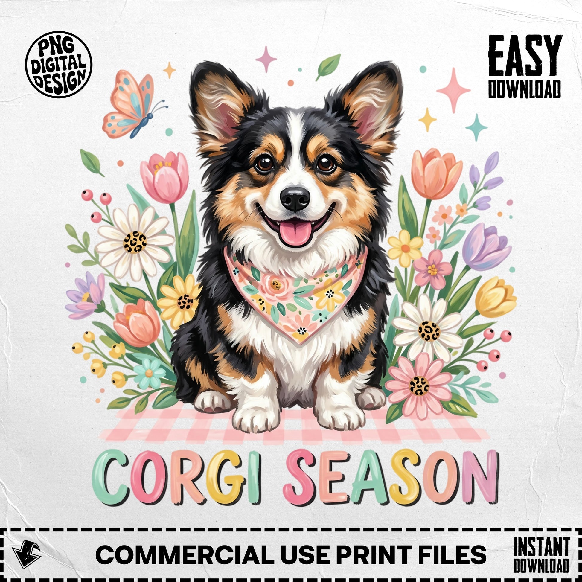 Corgi wearing a bandana, surrounded by flowers and butterflies, "Corgi Season" text.