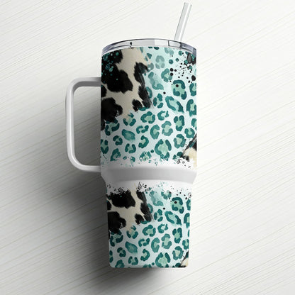 Large travel tumbler with teal leopard print and handle, with straw.