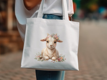 Tote bag featuring a watercolor illustration of a baby goat with flowers.
