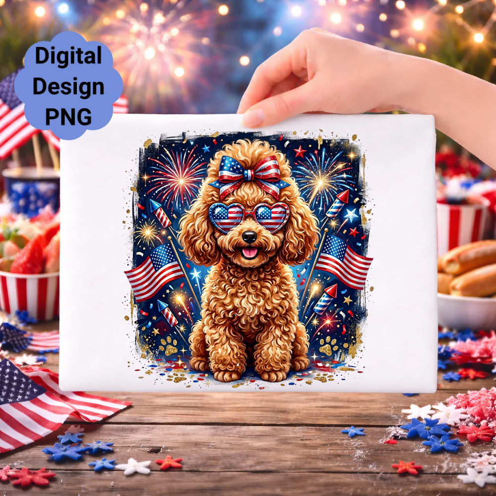 Golden poodle wearing sunglasses and bow, with fireworks and American flags.