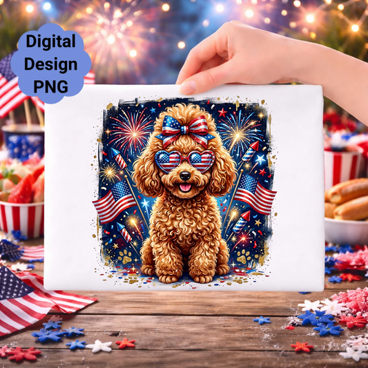 Golden poodle wearing sunglasses and bow, with fireworks and American flags.