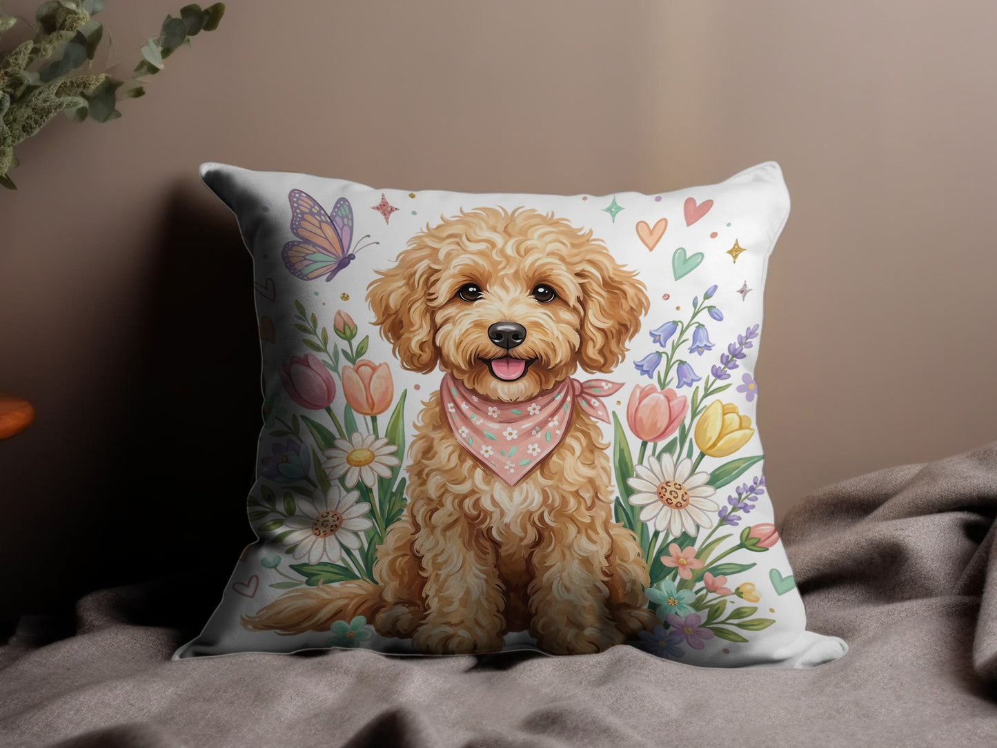Fluffy golden doodle wearing a pink bandana surrounded by flowers and hearts.