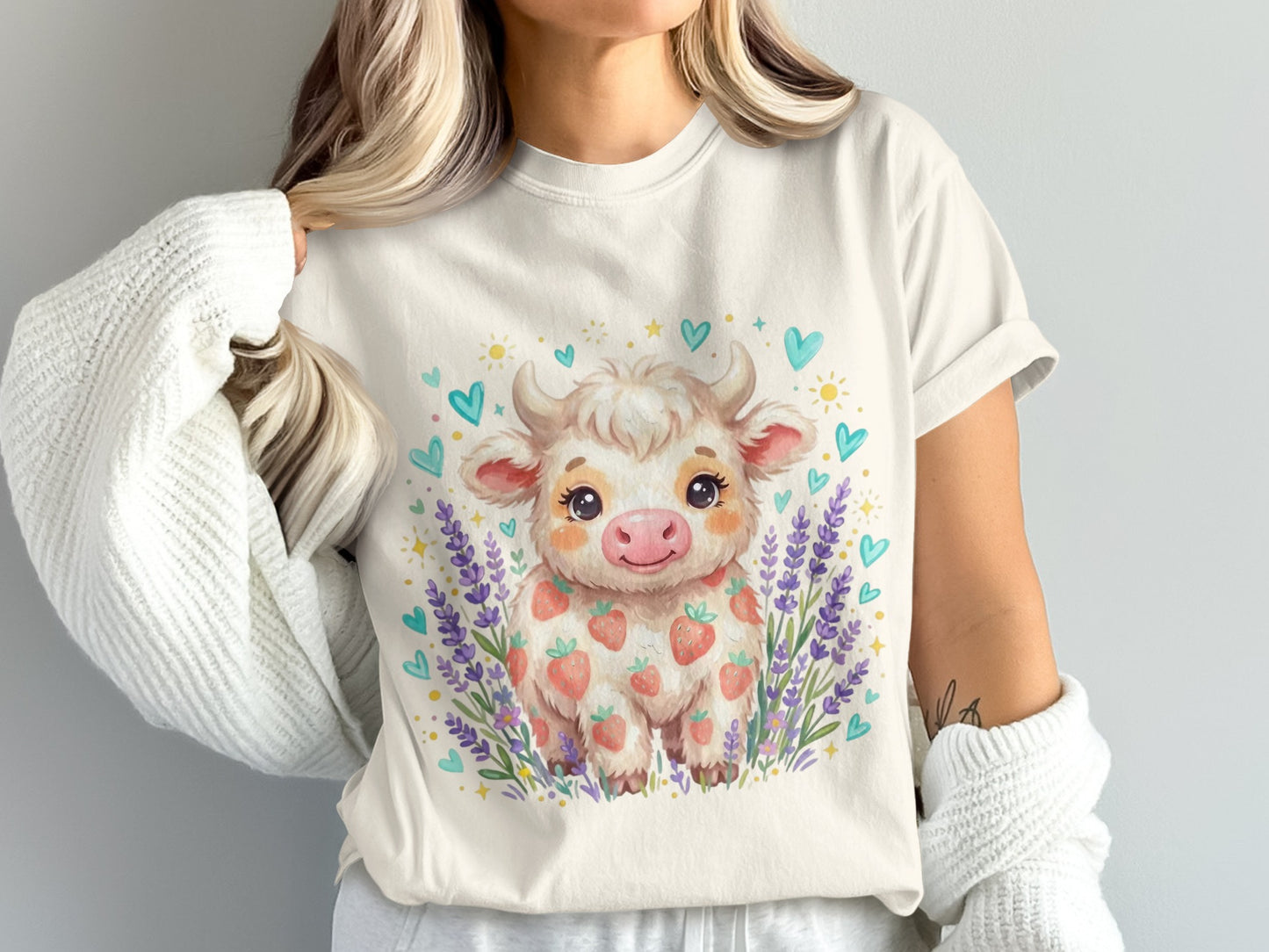 Cute strawberry cow with lavender and hearts.
