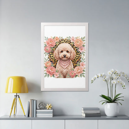 Poodle wearing a bandana surrounded by flowers in a white frame.