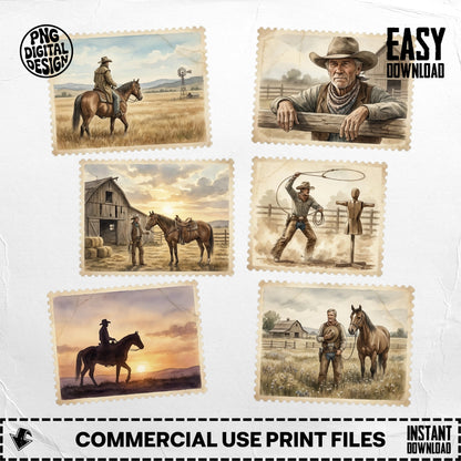 Vintage cowboy and Western scenes with windmill, barn, and horses.