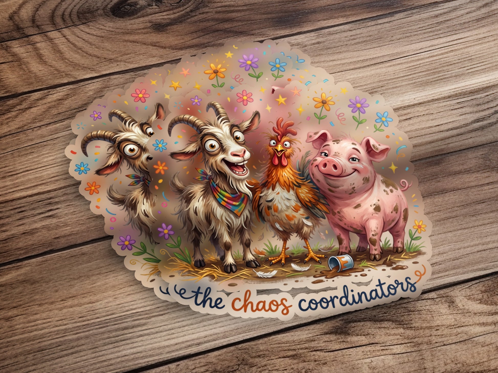 Farm animals including a goat, chicken, and pig with the text "let the chaos coordinators"