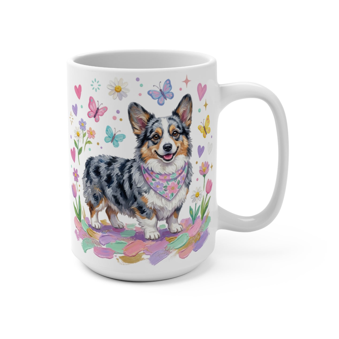 Corgi with bandana surrounded by flowers and butterflies on a white mug.