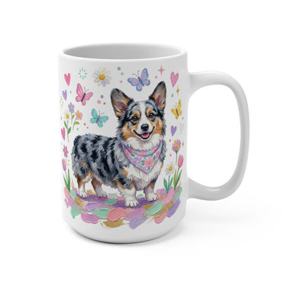 Corgi with bandana surrounded by flowers and butterflies on a white mug.
