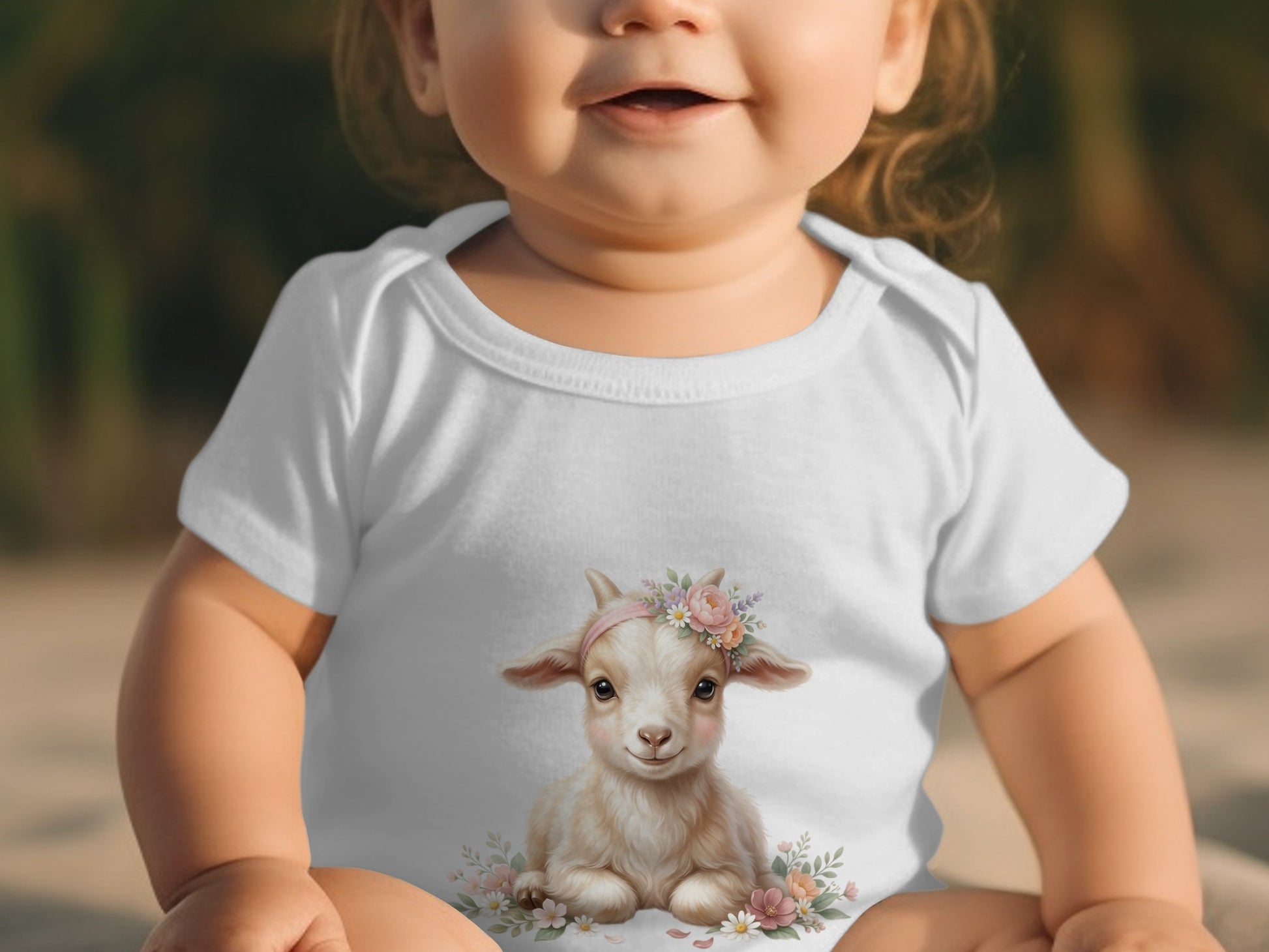 White baby onesie with a floral goat graphic and a baby wearing it.