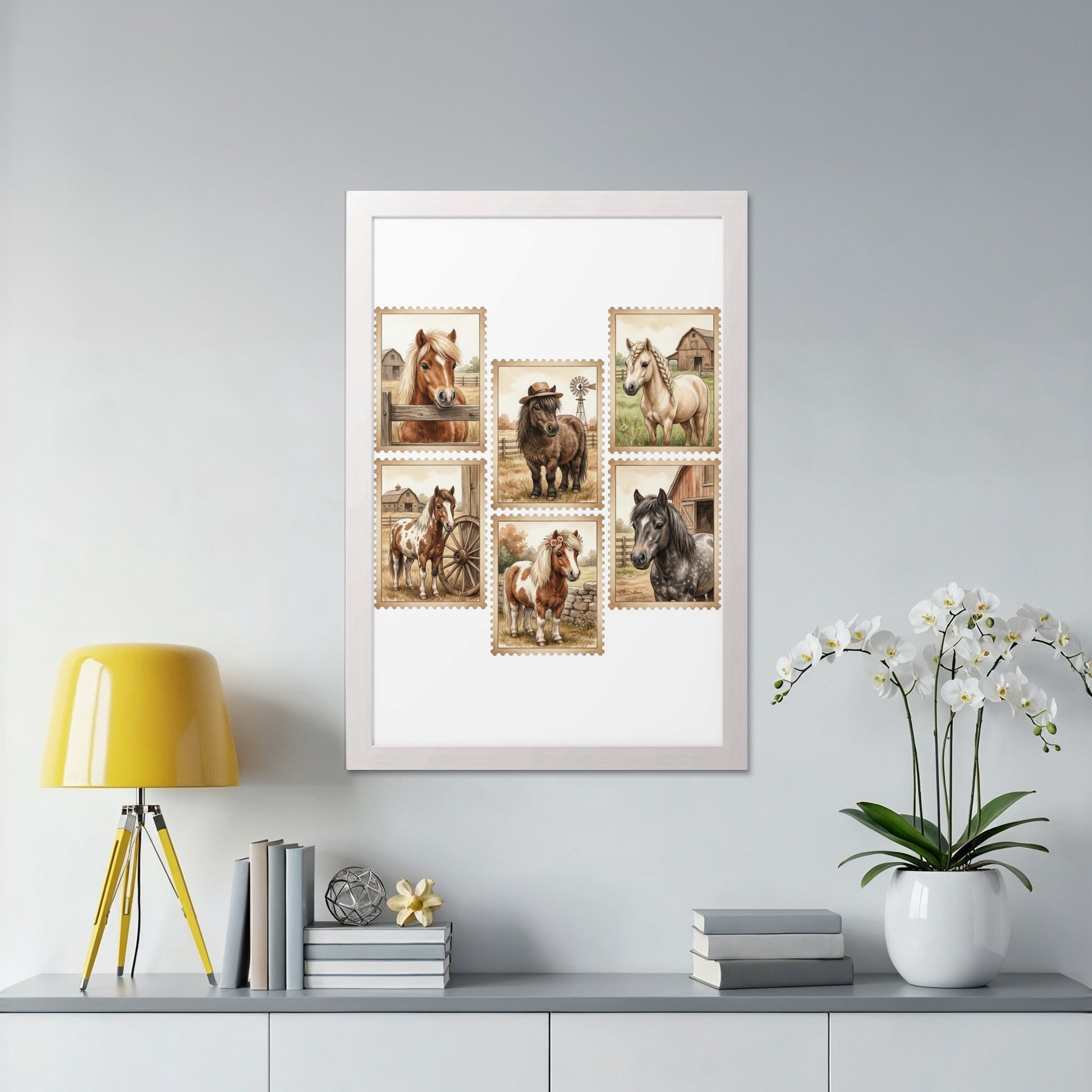 Framed collection of six postage stamps featuring horses and farms.