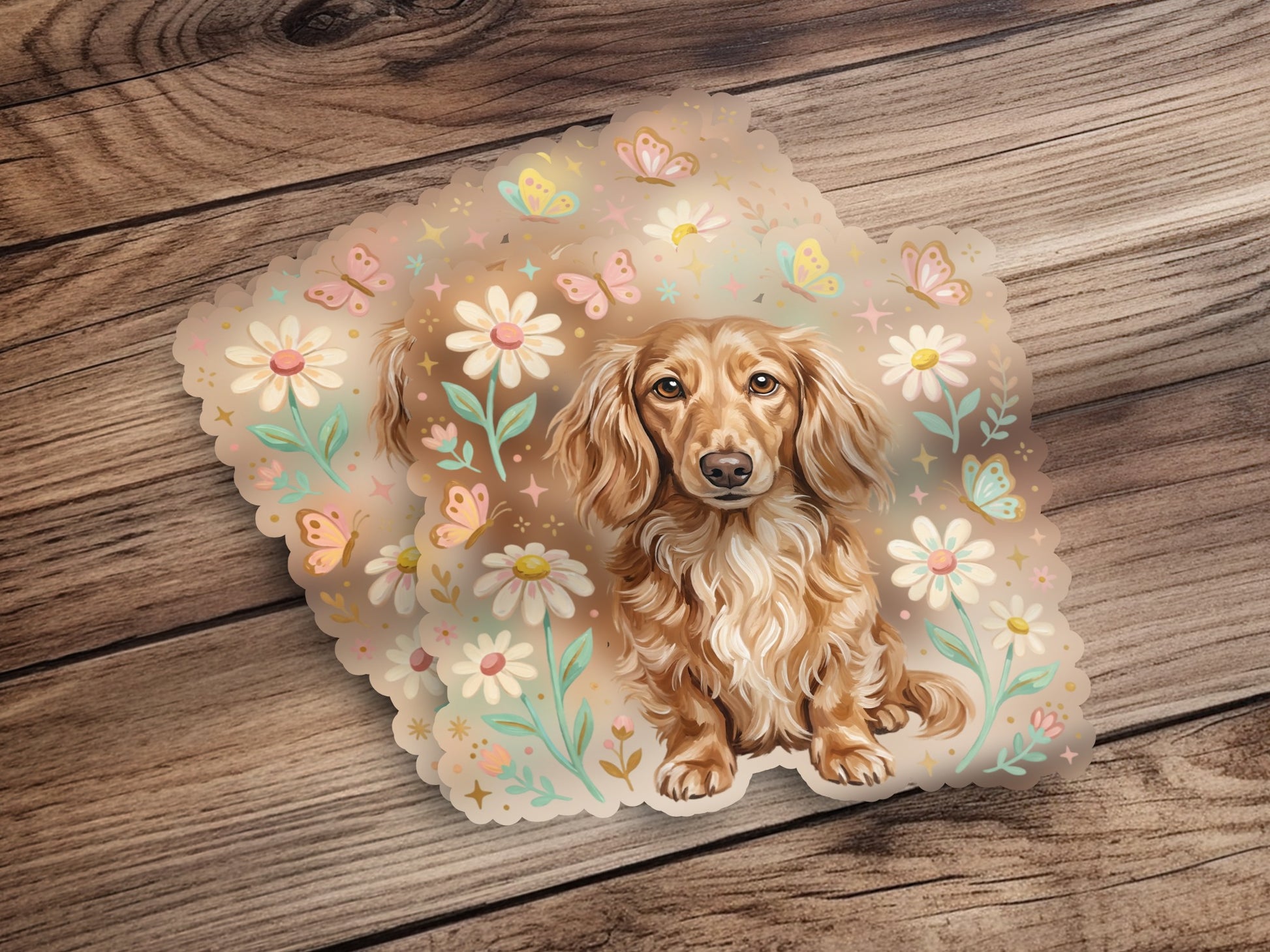 Dachshund puppy surrounded by flowers and butterflies, on a wooden background.