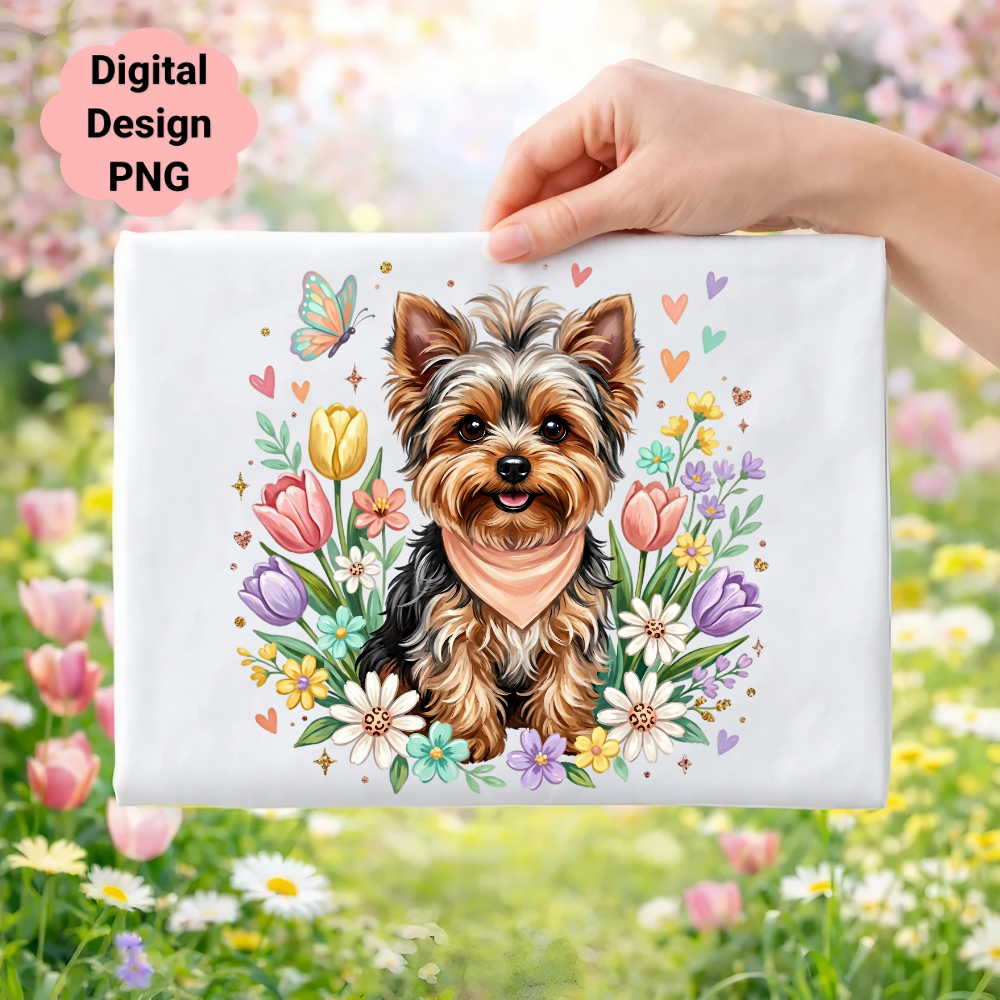 Yorkshire Terrier with flowers and butterflies, digital design PNG.
