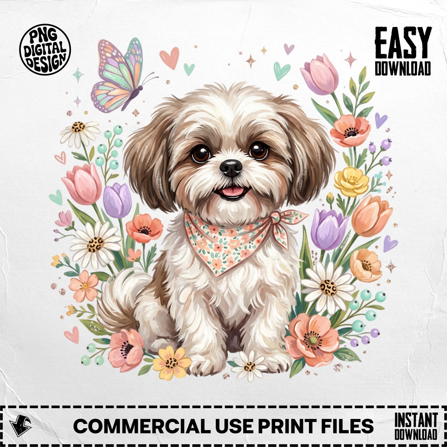 Fluffy dog wearing bandana, surrounded by flowers and butterfly.