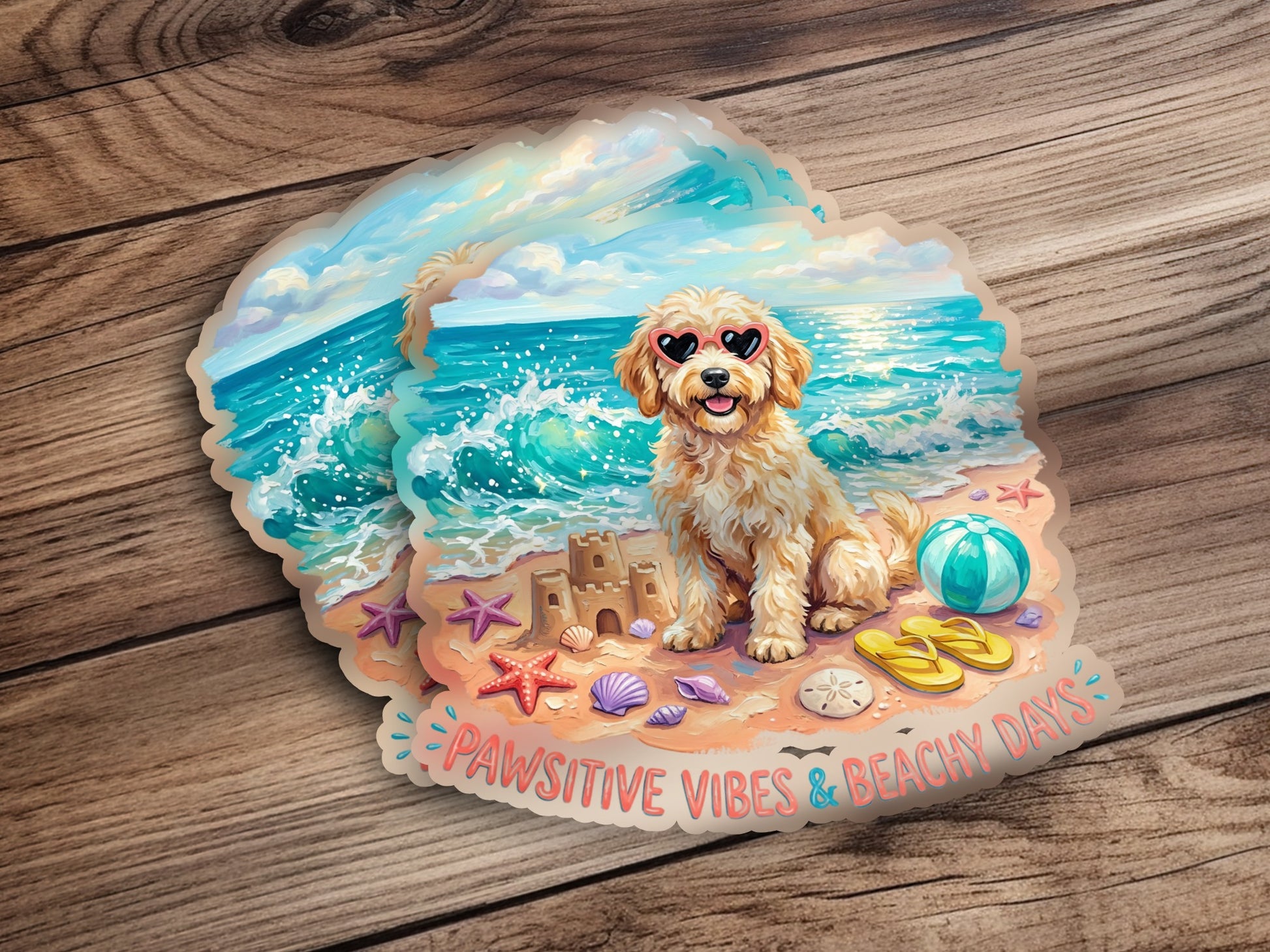 Golden doodle wearing heart sunglasses on beach with sandcastle.