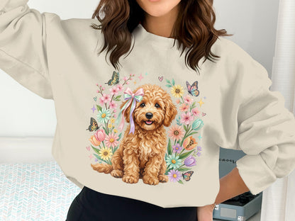 Fluffy dog in floral frame with butterflies and bow.