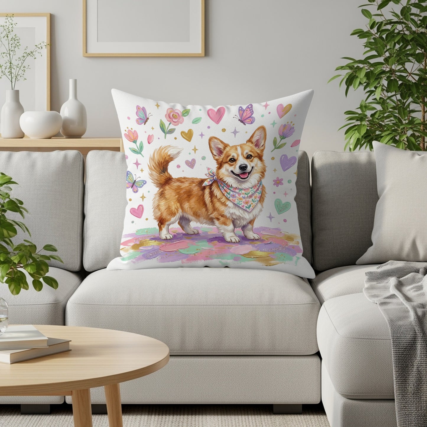 Pembroke Welsh Corgi wearing a bandana, surrounded by hearts and butterflies.