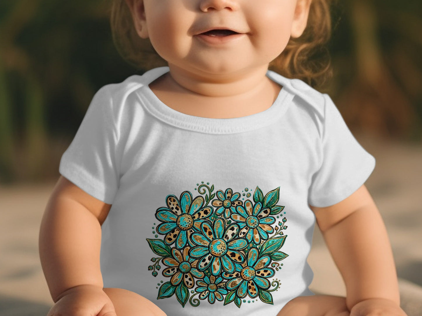Baby in a white onesie with a blue and gold floral design.