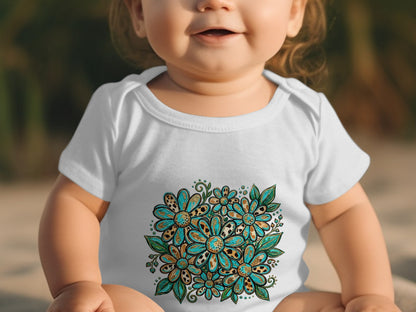 Baby in a white onesie with a blue and gold floral design.