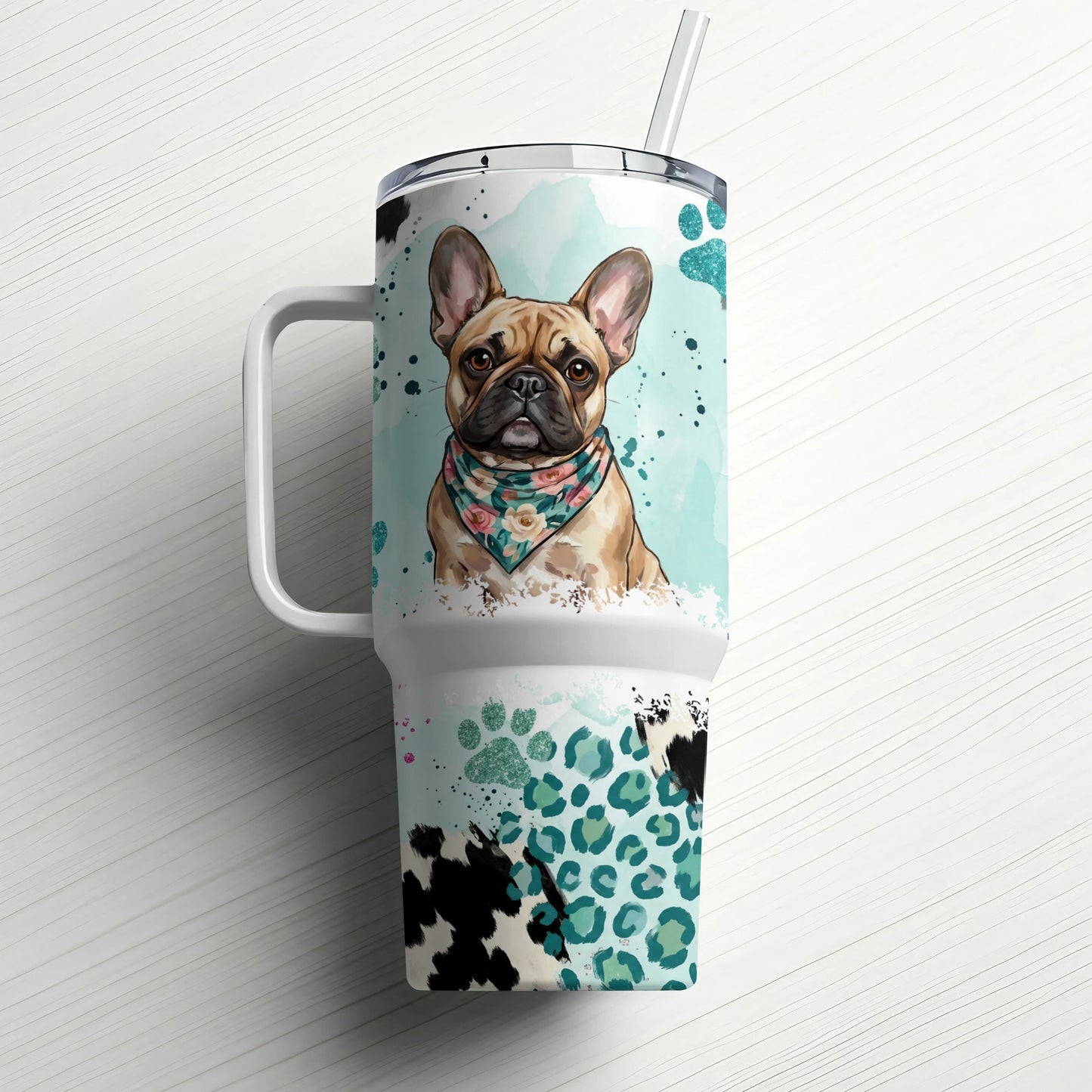 French bulldog wearing a floral bandana on a tumbler with teal and leopard print.