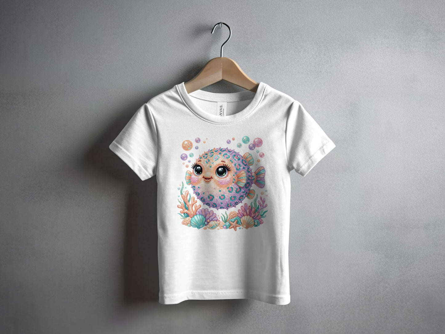 White t-shirt with colorful cartoon pufferfish and coral graphic.