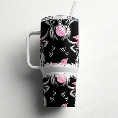 Pink-lipped cow wearing sunglasses and blowing bubblegum on tumbler.