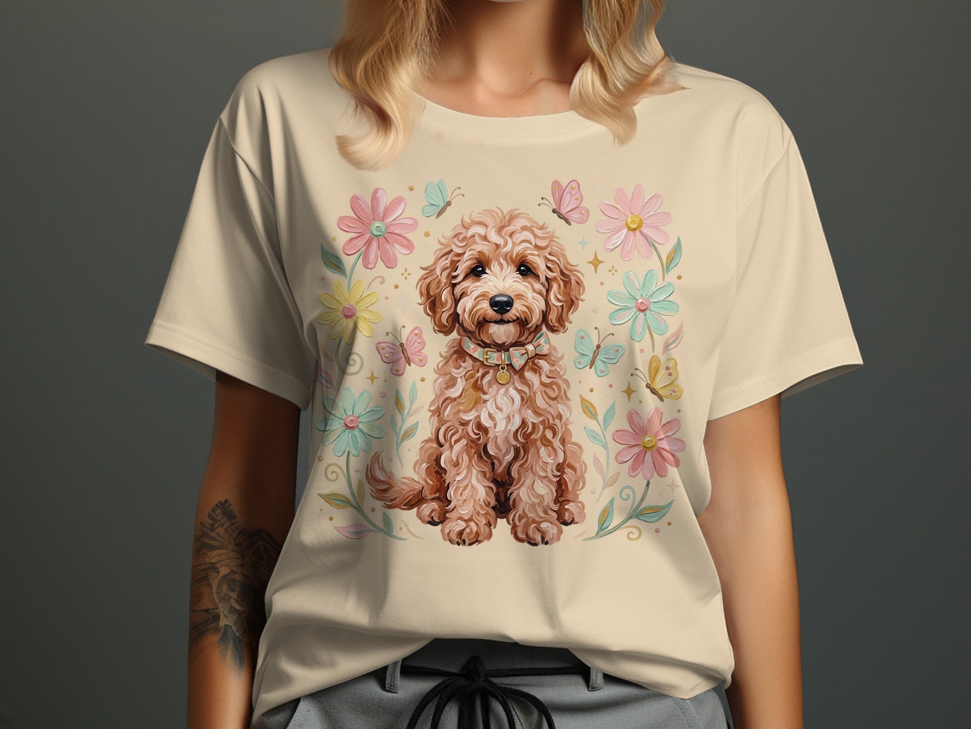 Cream t-shirt with a doodle dog surrounded by pastel flowers and butterflies.