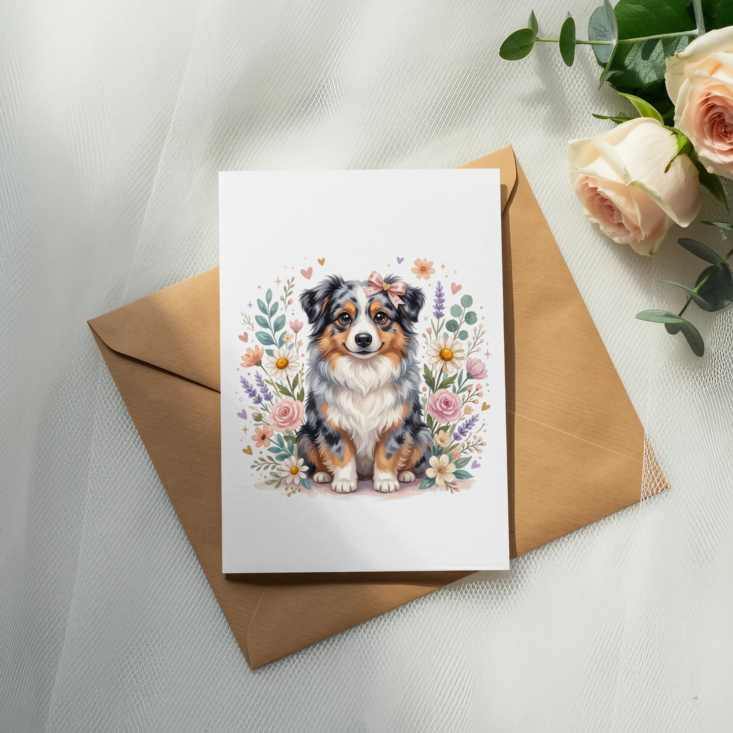 Card featuring a painted Australian Shepherd puppy with floral accents.