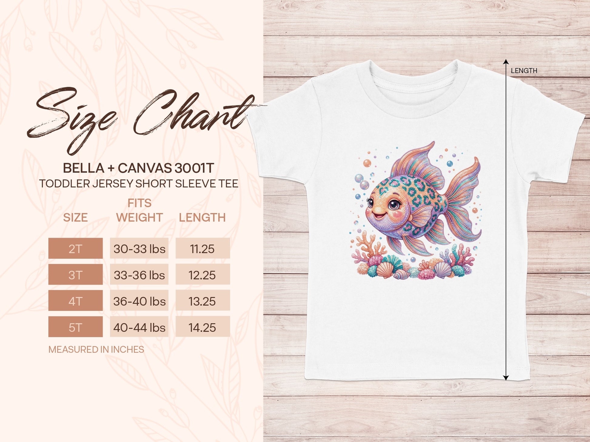 Toddler T-shirt size chart with fish graphic, listing sizes 2T through 5T.