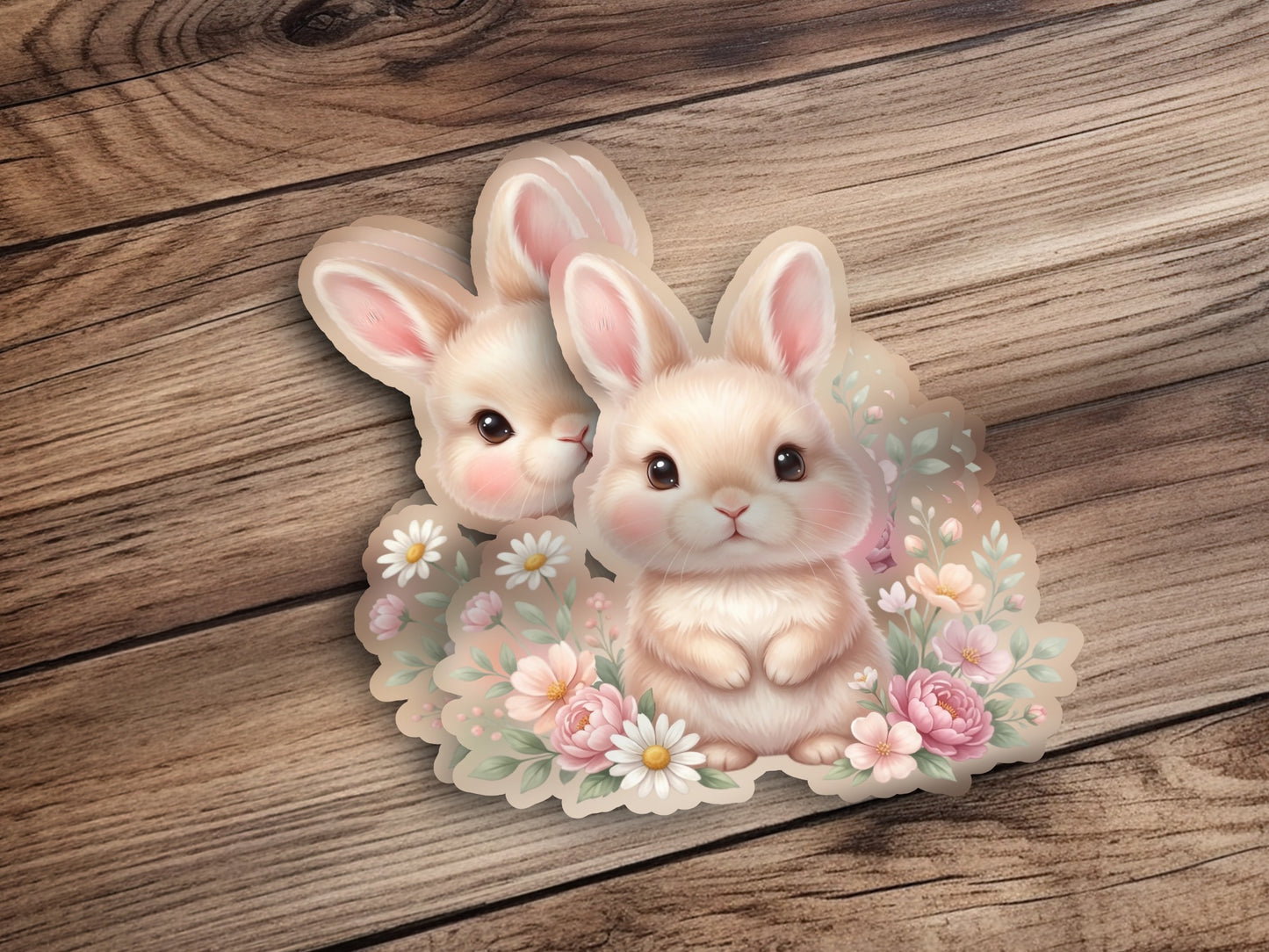 Two cute cartoon bunnies surrounded by pastel flowers and daisies.