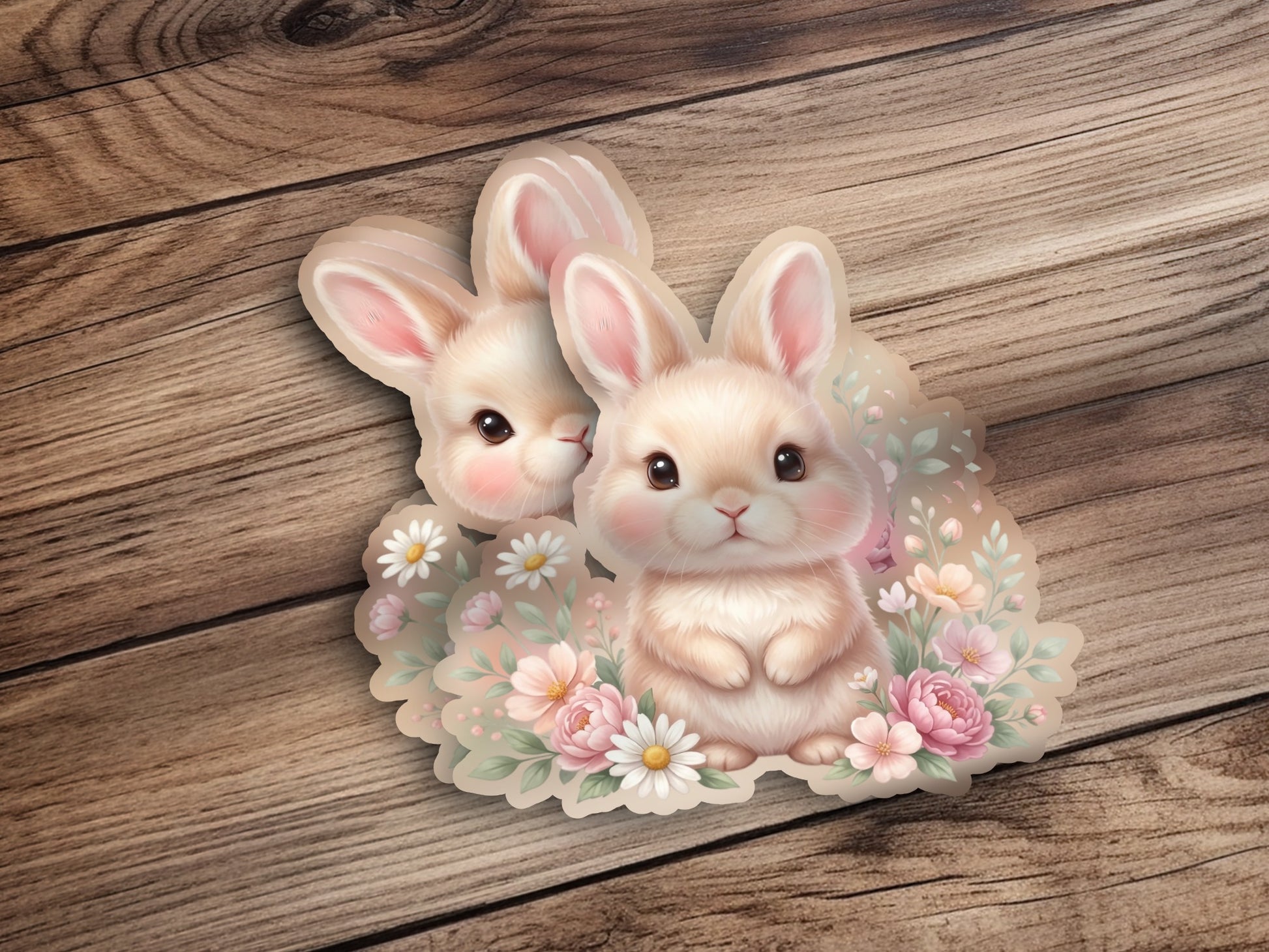 Two cute cartoon bunnies surrounded by pastel flowers and daisies.