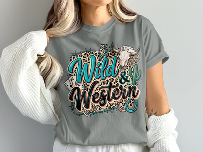 T-shirt with "Wild & Western" text, skull, cards, and horseshoe design.