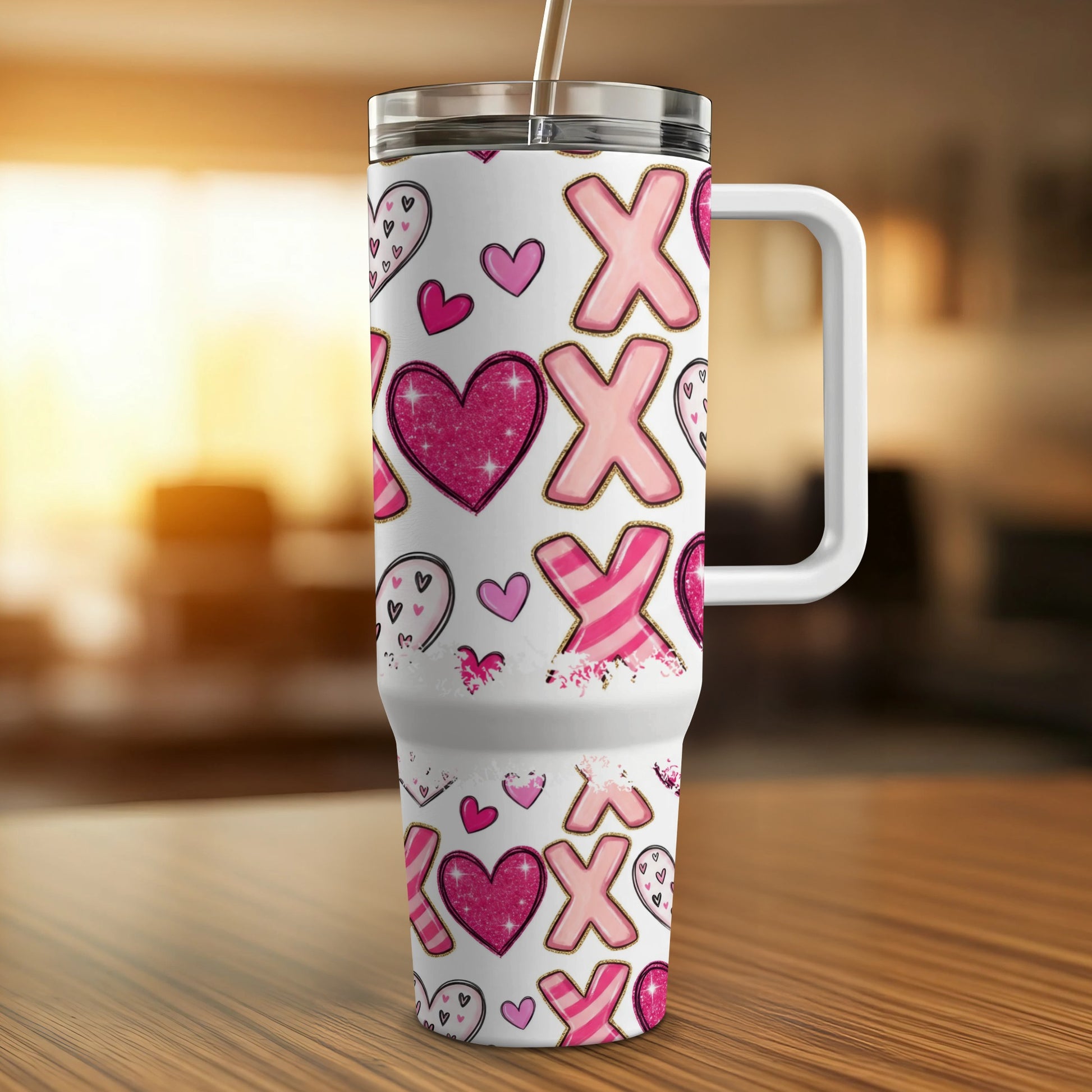 White tumbler with X and O Valentine's Day pattern and handle.