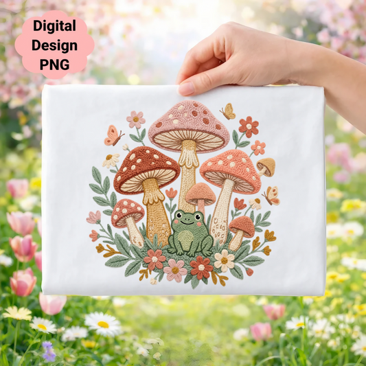 Embroidery design of whimsical mushrooms with a frog and butterflies.